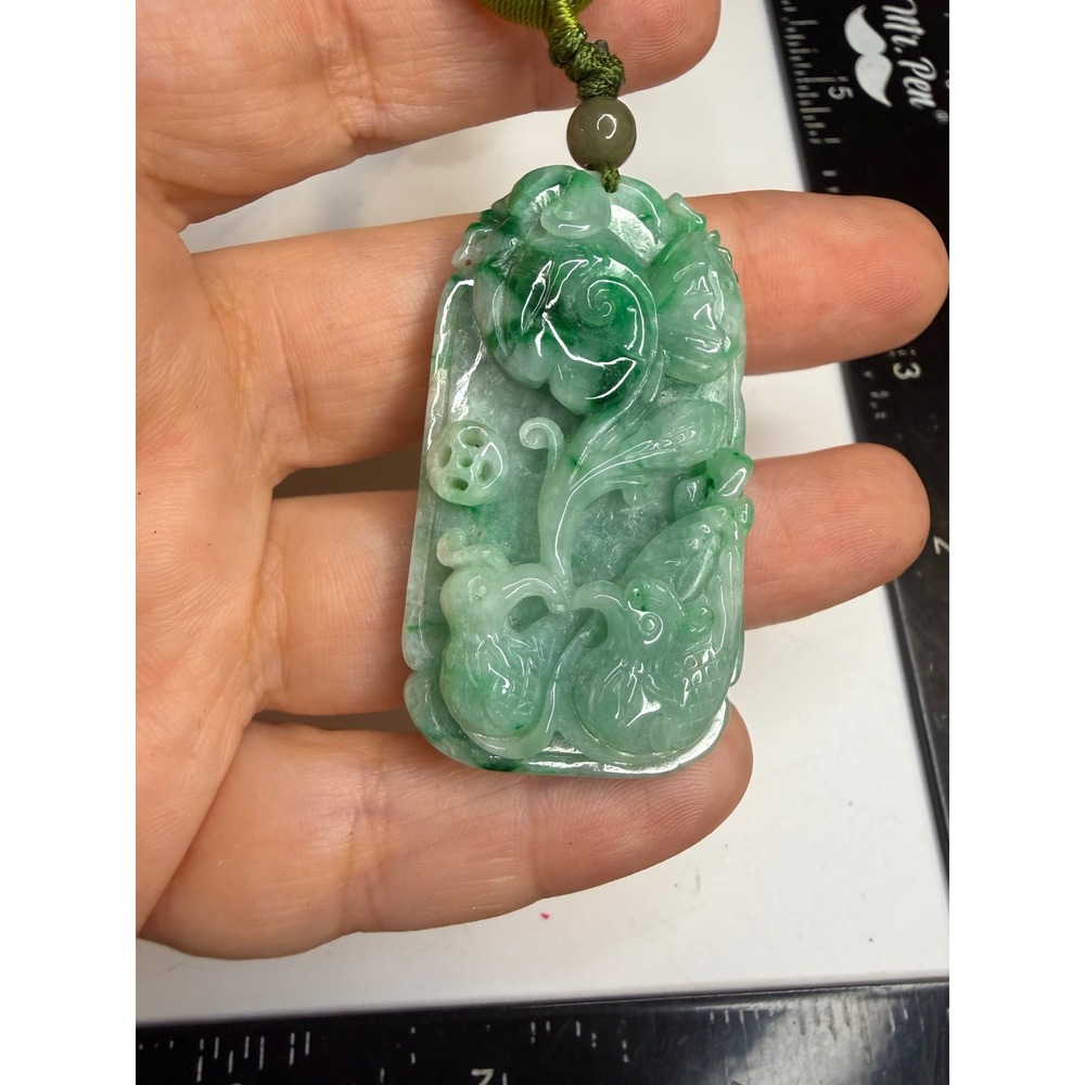 Green Jadeite Jade Carved Floral Pendant Adjustable Silk Cord Necklace